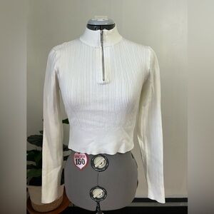 White Ribbed Zip-Up Women's Top